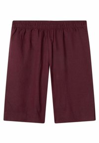 Burgundské zkrácené kalhoty s elastickým pasem. Vyrobené z měkké tkaniny, s volnějším střihem a hladkou texturou. Bez vzorů nebo kovových doplňků.