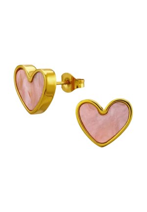 Gold stud earrings shaped like hearts with pink marbled insets and butterfly clasps on a white background.