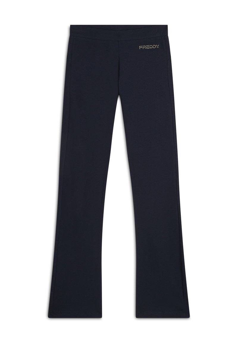 Pantaloni elasticizzati blu navy con vita aderente e gambe svasate. Caratterizzati da un discreto logo "Freddy" in dettagli scintillanti all'anca.