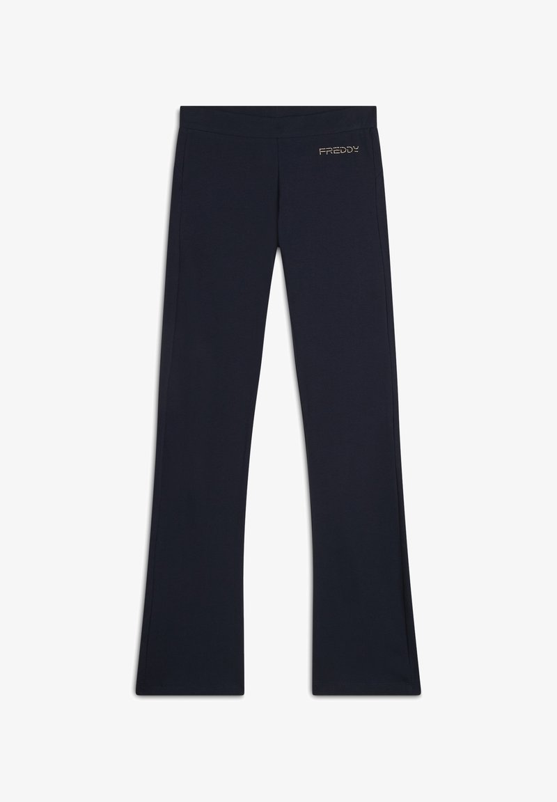 Pantaloni elasticizzati blu navy con vita aderente e gambe svasate. Caratterizzati da un discreto logo "Freddy" in dettagli scintillanti all'anca.
