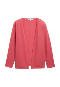 Korallfarbener Cardigan aus weichem Stoff, mit offenem Vorderteil, langen Ärmeln und ohne Verschlüsse. Glatte Textur mit einem schlichten Design.
