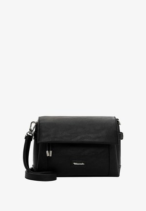 Borsa a tracolla in pelle sintetica nera con chiusura a ribalta, hardware argentato, tracolla regolabile e finitura testurizzata. Presenta un accento con logo.