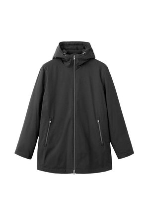 Giacca nera impermeabile con cappuccio, zip frontale completa, due tasche laterali e vestibilità rilassata. Realizzata in tessuto liscio e testurizzato.
