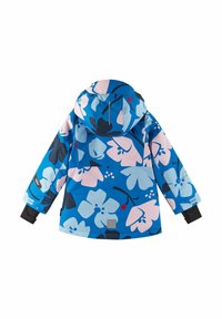 Blau gemusterte Jacke mit Kapuze, die große blassrosa und dunkelmarine Blumen zeigt, mit elastischen Bündchen und einem eleganten Design.