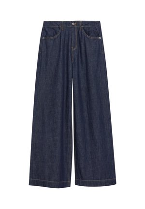 Weit geschnittene dunkelblaue Jeans aus Denim mit Fronttaschen, Gürtelschlaufen, Knopfverschluss und Kontrastnähten.