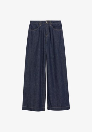 Weit geschnittene dunkelblaue Jeans aus Denim mit Fronttaschen, Gürtelschlaufen, Knopfverschluss und Kontrastnähten.