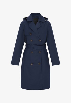 Trenci bleumarin fabricat din material durabil, cu design cu două rânduri de nasturi, talie cu curea, glugă și nasturi proeminenți.