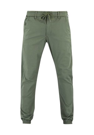 Olive green jogger pants with elastic waistband, drawstring, side pockets, and elastic cuffs on a white background.