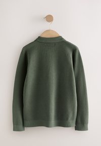 Zelený pletený svetr s texturou a žebrovaným vzorem, s límcem a dlouhými rukávy, zavěšený na dřevěném ramínku na světlém pozadí.