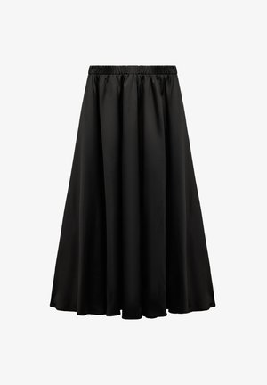 Schwarzer Satin-Midirock mit elastischem Bund. A-Linie-Silhouette, glatte Textur, volle Länge, keine sichtbaren Muster oder Verzierungen.