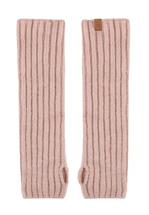 Para różowych, prążkowanych, dzianinowych rękawiczek bez palców z otworami na kciuki; jedna z nich ma małą brązową metkę z nazwą marki na górnej krawędzi.