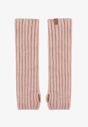 Paar rosafarbene, gerippte Strick-Fingerlose Handschuhe mit Daumenlöchern, eines davon mit einem kleinen braunen Markenetikett am oberen Rand.