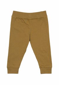 Braune Baumwollleggings mit weicher Textur, elastischem Bund und gerippten Bündchen an den Knöcheln. EinfachesDesign ohne Muster oder Akzente.