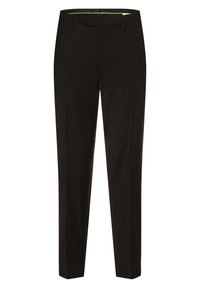 Schwarze maßgeschneiderte Hose mit glatter Textur, geradem Bein, Gürtelschlaufen und einem kontrastierenden, leuchtend gelben Innenfutter.