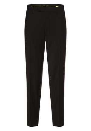 Schwarze maßgeschneiderte Hose mit glatter Textur, geradem Bein, Gürtelschlaufen und einem kontrastierenden, leuchtend gelben Innenfutter.