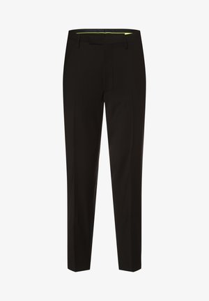 Black tailored trousers featuring a smooth texture, straight leg design, belt loops, and a contrasting bright yellow interior lining.