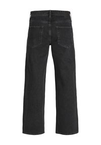Black wide-leg jeans made of denim, featuring a high waist, double back pockets, and simple stitching on hem and seams.