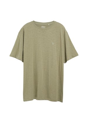 Effen licht olijfgroene T-shirt met korte mouwen, een ronde halslijn en klein logo op de borst.