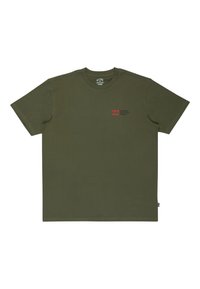 Kohverroheline puuvillane T-särk ümarate kaelustega, lühikeste varrukatega ja punase logo graafikaga vasakul rinnal. Lihtne, kaunistusteta disain.