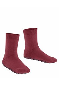 Czerwone skarpetki bawełniane z prążkowanym wykończeniem i czarnymi gumowymi antypoślizgowymi gripami na spodzie. Skarpetki do kostki o gładkiej fakturze i wzmocnionym palcu.