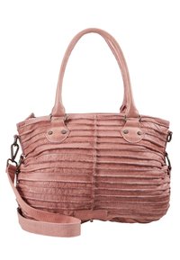 Różowa skórzana torebka z teksturowanym, plisowanym wzorem, podwójnymi uchwytami i odpinanym paskiem na ramię. Akcenty w kolorze srebrnym.