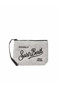 Bustina in tessuto grigio con cerniera nera, con testo ricamato "Dreaming of Saint Barth" e "Winter Paradise" in caratteri variati. Include cinturino da polso.