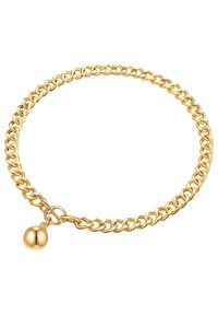 Zelta ķēdes rokassprādze ar savienotām saslēdzēm un noapaļotu pērļu šarmu. Spīdīga, gluda apdare ar drošu aizdari.