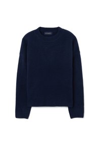 Marineblauer Wollpullover mit Rundhalsausschnitt, gerippten Bündchen und Saum. Weiche Textur, lässige Passform und minimalistisches Design ohne Muster oder Akzente.