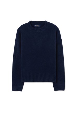 Maglione in lana blu navy con collo rotondo, polsini e orlo a costine. Texture morbida, vestibilità rilassata e design minimale senza motivi o dettagli.