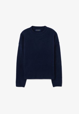 Maglione in lana blu navy con collo rotondo, polsini e orlo a costine. Texture morbida, vestibilità rilassata e design minimale senza motivi o dettagli.