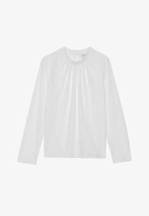 T-shirt branca de manga longa com decote redondo e detalhe franzido à volta do colarinho. Feita de tecido suave e apresenta um fecho em forma de lágrima nas costas.
