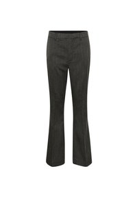 Zwarte en grijze gestreepte flared broek, met een platte voorkant, tailleband met riemlussen en een getailleerde snit voor een formele uitstraling.