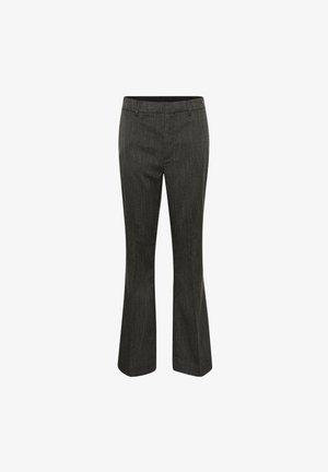 Pantaloni a zampa d'elefante a righe nere e grigie, con fronte piatto, vita con passanti per cintura e un taglio sartoriale per un silhouette formale.