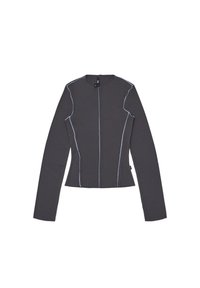 Top a maniche lunghe realizzato in tessuto a coste di un grigio scuro, con cuciture blu a contrasto, caratterizzato da un collo rotondo e una silhouette aderente.