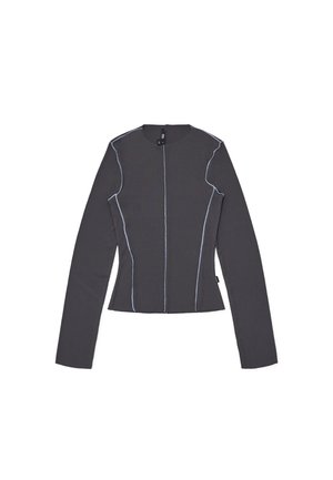 Top a maniche lunghe realizzato in tessuto a coste di un grigio scuro, con cuciture blu a contrasto, caratterizzato da un collo rotondo e una silhouette aderente.