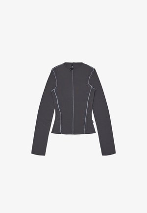 Top a maniche lunghe realizzato in tessuto a coste di un grigio scuro, con cuciture blu a contrasto, caratterizzato da un collo rotondo e una silhouette aderente.