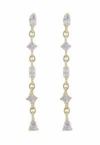 Guldtonade hängande örhängen med växlande runda och rektangulära klara kristaller, med tårformade kristallaccenter i ändarna.