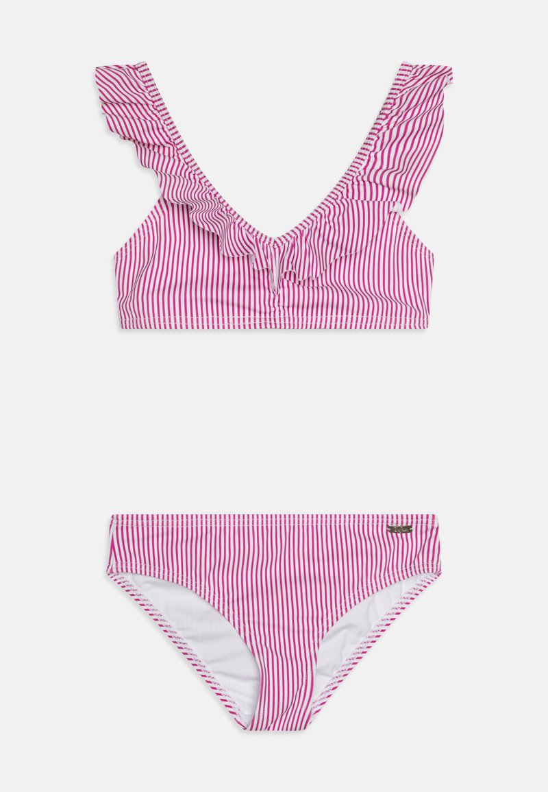 Ροζ και λευκό ριγέ μπικίνι με φραμπαλά στους ώμους και κλασική κοπή, κατασκευασμένο από ελαφρύ ύφασμα μαγιό.
