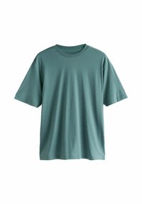 Tricou cu mânecă scurtă în nuanță de teal estompat, realizat din bumbac moale, cu decolteu rotund și o croială lejeră. Fără logo-uri sau modele vizibile.