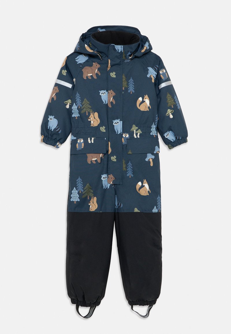 Blue waterproof snowsuit with animal and forest patterns, featuring a zip-front, elastic cuffs, and black lower legs for durability.