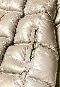 Metaliczna srebrna kurtka puchowa z pikowanym wzorem. Posiada wyściełane sekcje, gładką teksturę i elastyczne szwy dla lepszego dopasowania.