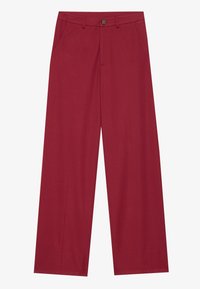 Wide-leg pants made of smooth, textured fabric in a deep red color. Features front pockets and a single button closure at the waist.