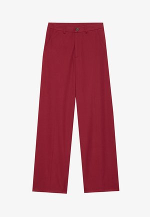 Wide-leg pants made of smooth, textured fabric in a deep red color. Features front pockets and a single button closure at the waist.