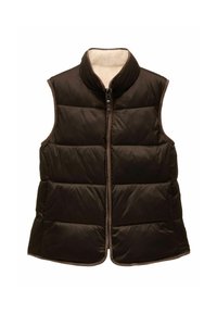 Hnědá prošívaná vesta s vysokým límcem, zipovým zapínáním a kontrastním lemem. Obsahuje horizontální švy a měkkou vnitřní podšívku.