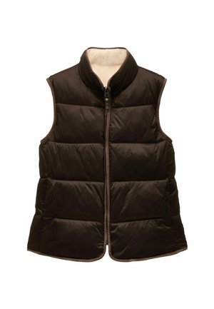 Braune gepolsterte Weste mit hohem Kragen, Reißverschluss und kontrastierendem Saum. Verfügt über horizontale Nähte und ein weiches Innenfutter.