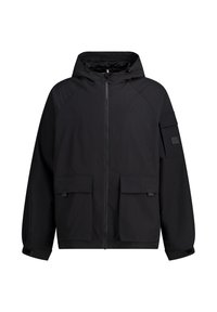 Black hooded jacket with a full zipper, two front pockets, and a sleeve pocket. Features a textured fabric and adjustable cuffs.