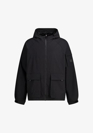 Schwarze Kapuzenjacke mit durchgehendem Reißverschluss, zwei Fronttaschen und einer Tasche am Ärmel. Verfügt über einen strukturierten Stoff und verstellbare Bündchen.