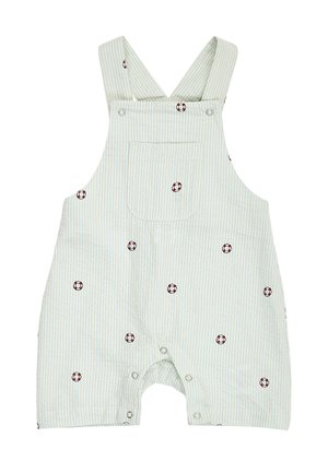 Lyseblå og hvide stribede babydragt med små røde og hvide tryk af redningskranse, skulderstropper, forlommer og tryklås.