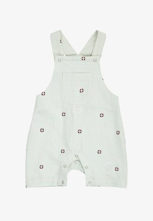 Hellblau-weiß gestreifter Baby-Strampler mit kleinen roten und weißen Rettungsring-Drucken, Schulterträgern, Fronttasche und Druckknöpfen.