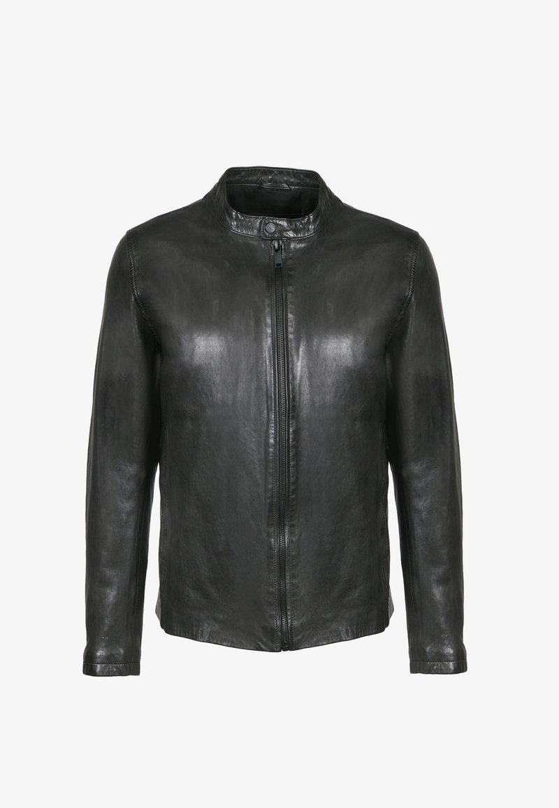 Zwarte leren jas met een omhoogstaand kraag, ritssluiting aan de voorkant en lange mouwen. Gladde textuur en aansluitend ontwerp. Geen zichtbare hardwareaccenten.